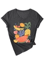 Detail of V-neck grey tee featuring colorful fruit print and stylish rolled sleeves - S / Black Heather Grey