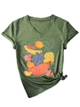 Detail of V-neck dark green T-shirt featuring hand-drawn fruit print and a front knot hem - S / Olive Green