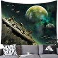 Arazzo spaziale fantascientifico con nave spaziale gigante e pianeta verde - 150x100cm / Stile Astronave E Pianeta Verde / Pelle di Pesca