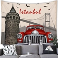 Vintage Istanbul city landscape tapestry with Galata Tower and red car over a gray sofa - Istanbul Red Car