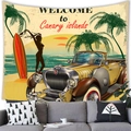 Vintage Canary Islands peach skin tapestry with retro car and palm trees on wall - Canary Islands Classic Car
