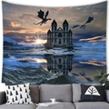 Fantasy tapestry with dragons and castle over a grey sofa in a modern living room - Sunset Castle Dragon (13)