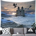 Fantasy dragon and castle tapestry wall hanging above a modern sofa in a cozy living room - 欧式古堡双龙(12)