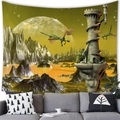 Detail of a fantasy dragon wall tapestry hanging above a grey sofa in a modern living room - 石塔飞龙(5)