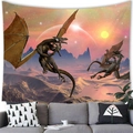 Detail of dragon tapestry showing orange sky and twin dragons over a modern grey sofa - 150cmx150cm / 夕阳余晖双龙(4)