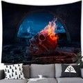 Dark gothic wall tapestry with burning skull and ruins over a sofa in a living room - 12 / 100x70(Peach Skin)