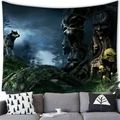 Dark fantasy wolf tapestry detail showing twisted trees and mushrooms above a grey sofa - Dark Forest Wolf (6) / 150x100(Peach Skin)