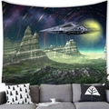 Detailed view of sci-fi alien tapestry with spacecraft and nebula in modern living room decor - 7 / 100X70