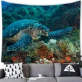 Detailed wall tapestry showing a realistic sea turtle swimming near a colorful coral reef - 100X70 / Peach Skin / 蔚蓝海龟(9)