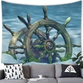 Nautical tapestry with vintage ship wheel design displayed over a sofa in a living room - 100X70 / Peach Skin / 航海船舵(7)