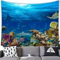 Detail of a deep sea fish wall tapestry showing sharks and turtles over a grey sofa - 150x100 / Peach Skin / 海底世界(4)