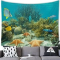 Detailed view of deep sea fish tapestry hanging on a wall behind a modern grey sofa - 150x100 / Peach Skin / 海底海星(2)