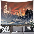 Sci-fi alien city tapestry with futuristic towers and snowy mountains over a grey sofa - Peach Skin / 100x70cm / Sci-Fi Tower Building Snowy Mountain Sunset (Pattern 15)