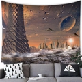 Sci-fi spaceship tapestry hung over a modern sofa showing detailed alien city artwork - Peach Skin / 100x70cm / Spiral Tower Aircraft Planet (Pattern 11)