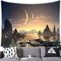 Detailed view of the large interstellar landscape tapestry hanging above a grey sofa - Peach Skin / 100x70cm / Ring Planet Alien Landscape (Pattern 9)