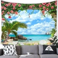 Tropisch wandkleed met rozen en palmbomen hangend boven een grijze bank in huis - 100x70(Perzikhuid) / Rozencluster Zeezicht