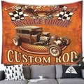 Vintage American car tapestry with eagle and racing flags over a gray modern sofa - Antique Hot Rod Parts Style (12) / 100x70cm (Peach Skin)