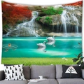 Detail van wandtapijt met boswaterval en zwanen hangend boven een grijze bank - 100x70(Perzikhuid) / Artistieke Kaskadewaterval