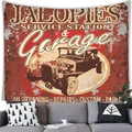Vintage American car tapestry with red hot rod design hanging over a modern sofa - Red Hot Rod Style (13) / 100x70cm (Peach Skin)