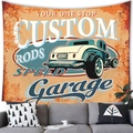 Detailed view of an American vintage car style wall tapestry hung above a living room sofa - Garage Custom Rods Style (11) / 100x70cm (Peach Skin)