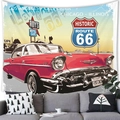 Close-up of vintage American Route 66 wall tapestry showing a classic red car in a living room - Red Vintage Car Road Style (10) / 100x70cm (Peach Skin)