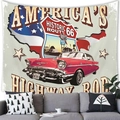 Classic Route 66 peach skin tapestry hanging over a grey sofa in a retro living room - Historic Route 66 Red Style (9) / 100x70cm (Peach Skin)
