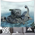Blue sea dragon fantasy wall tapestry hung over a gray sofa in a modern room - 150cmx150cm / Sea Rock Dragon (1)