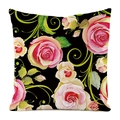 Detailansicht der Blumen-Kissenhülle mit rosa Rosen und grünen Schnörkeln auf Schwarz - Schwarzer Hintergrund Große Rosa Weiße Rose Stil (4684752533657)