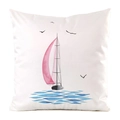 Detail of sailboat and seagull watercolor print on soft white faux silk cushion cover - Pink Sailboat Water Ripple Style (15)