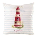 Close-up of nautical lighthouse print and red Lighthouse text on striped silk pillowcase - Red Lighthouse Blue Stripe Style (14)