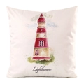 Detailed view of white faux silk pillowcase with watercolor lighthouse print and text - Red White Lighthouse Text Style (13)