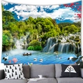 Landschap wandkleed met waterval, bos en zwanen voor wanddecoratie binnenshuis - 150x100(Perzikhuid) / Boswaterval (2)