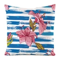 Seidenkissenbezug mit blauen horizontalen Streifen und rosa Lilienblumenmustern - Blaue Streifen Rosa Lilie Stil