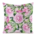 Luxuriöser Satin-Kissenbezug mit lebhaften rosa Rosen und grünen Blättern - Üppiger Aquarell Rosen Stil
