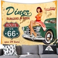 Arazzo da parete vintage Route 66 con ragazza pin-up e design di auto classica retro - Stile Poster Retro Burger e Birra / 150x100(Pelle di Pesca)