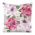 Vierkante kussensloop met roze rozen en paarse bloemen op een witte zijden achtergrond - Witte Achtergrond Roze Roos Stijl (4684752533637)