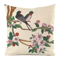 Detail of floral and bird print on faux silk pillowcase with cherry blossom design - Red-breasted Bird and Cherry Blossom Style (9)