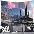 Alien city spaceship sci-fi tapestry with pyramids and purple nebula on a white wall - Peach Skin / 100x70cm / Sci-Fi Themed Landscape (Pattern 3)