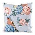 Detail of floral and bird print on square faux silk pillowcase with light blue polka dot base - Light Blue Polka Dot Vintage Bird Flower Style (10)