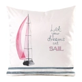 Square faux silk pillowcase with watercolor sailboat design and Let your dreams set SAIL text - Pink Sailboat Text Style (4)