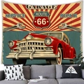 Arazzo vintage Route 66 con auto rossa classica e tema garage per decoro pareti - Stile Garage Riparazione Auto d'Epoca Rossa / 150x100(Pelle di Pesca)
