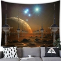 Sci-fi alien city and spaceship wall tapestry displayed above a gray sofa in a living room - Peach Skin / 100x70cm / Sci-Fi Alien Landscape and Glowing Planet (Pattern 7)