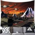 Sci-fi UFO tapestry with futuristic city and lightning above a modern grey sofa - 5 / 100X70