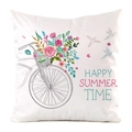Détail de la taie d'oreiller blanche avec vélo vintage et imprimé floral estival - Style Vélo Rose Rose / 45x45 cm