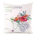 Détail de l'imprimé floral estival coloré et du thème jardinage sur la housse de coussin - Style Brouette Jardinage / 45x45 cm