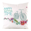 Détail d'une housse de coussin carrée avec motif vélo et fleurs pour l'été - Style Vélo Cyan Fleurs / 45x45 cm