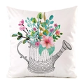 Détail du motif floral à l'aquarelle et arrosoir rétro sur la housse de coussin carrée - Style Arrosoir Fleurs / 45x45 cm