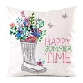 Détail de l'imprimé floral aquarelle Happy Summer Time sur une housse de coussin blanc - Style Bottes de Pluie Fleurs / 45x45 cm