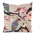 Pastoral silk style cushion cover featuring pink blossoms, grey bird, and yellow butterfly - Beige Base Cherry Blossom and Crested Gray Bird Style (11)