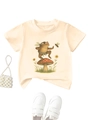 Close-up of beige cotton kids T-shirt with martial arts frog and mushroom illustration - Apricot / 90cm